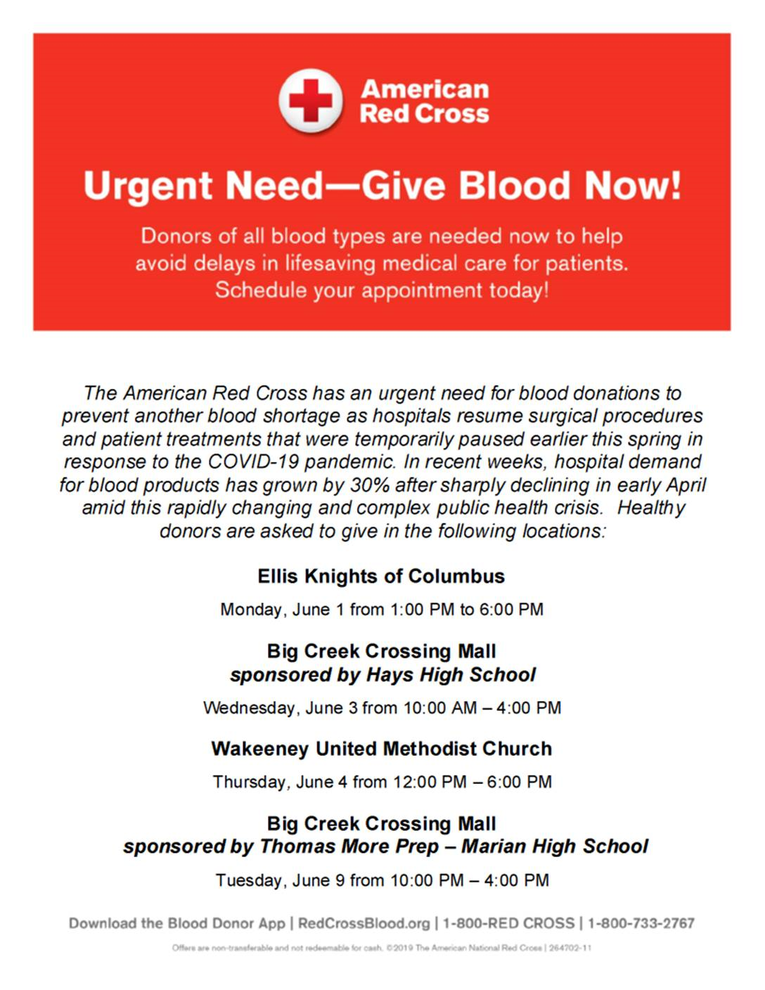 Walk-in donations are welcome at each location.