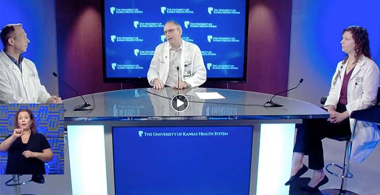 Dr. Dana Hawkinson, Dr. Steven Stites and&nbsp;Rachel Liesman, Ph.D., director of Microbiology, all of University of Kansas Health Systems, discuss anti-body testing during a broadcast news conference on Thursday.