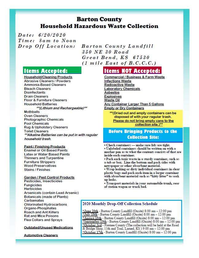 Barton County Landfill will hold HHW collection June 20