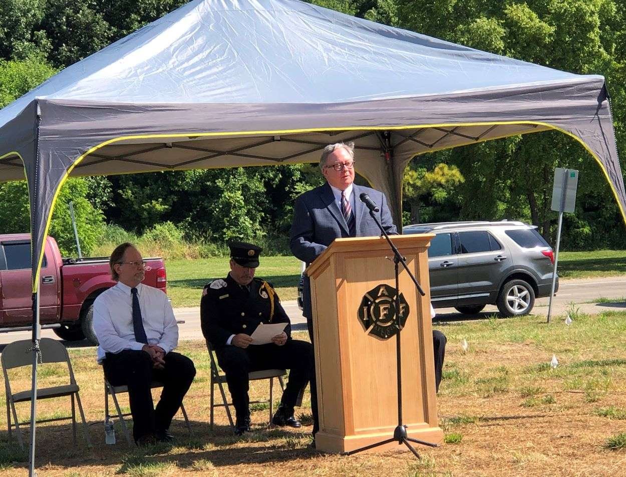 St. Joseph Mayor Bill McMurray speaks at the St. Joseph Firefighters Memorial/Photo by Gregg Lynn