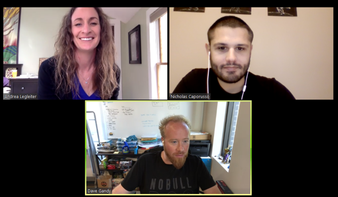 FHSU graduate Andrea Legleiter, left, and her adjunct professor, Dr. Nicholas Caporusso, right, take part in a Zoom call with Dave Gandy, CEO of Font Awesome, the world-renowned font and icon toolkit.