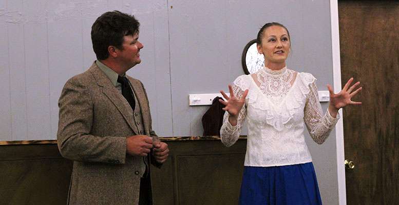 &nbsp;Jerrett Leiker as Einstein and Krysten Linenberger as Germain perform in HCT's "Picasso at the Lapin Agile."