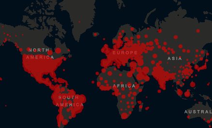 John Hopkins Covid 19 map of of confirmed cases June 28, 2020