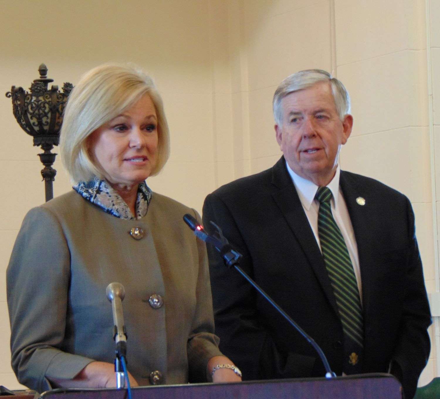 Rep. Sheila Solon with Gov. Mike Parson at a news conference in St. Joseph last year/Photo by Brent Martin