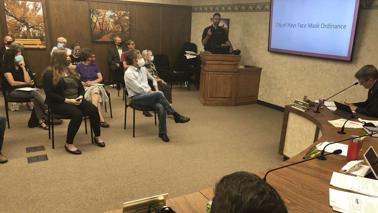 Ellis County Health Services Director Jason Kennedy addresses Hays city commissioners July 23 prior to their vote approving a six-week face mask ordinance. (Photo by Hays Post)