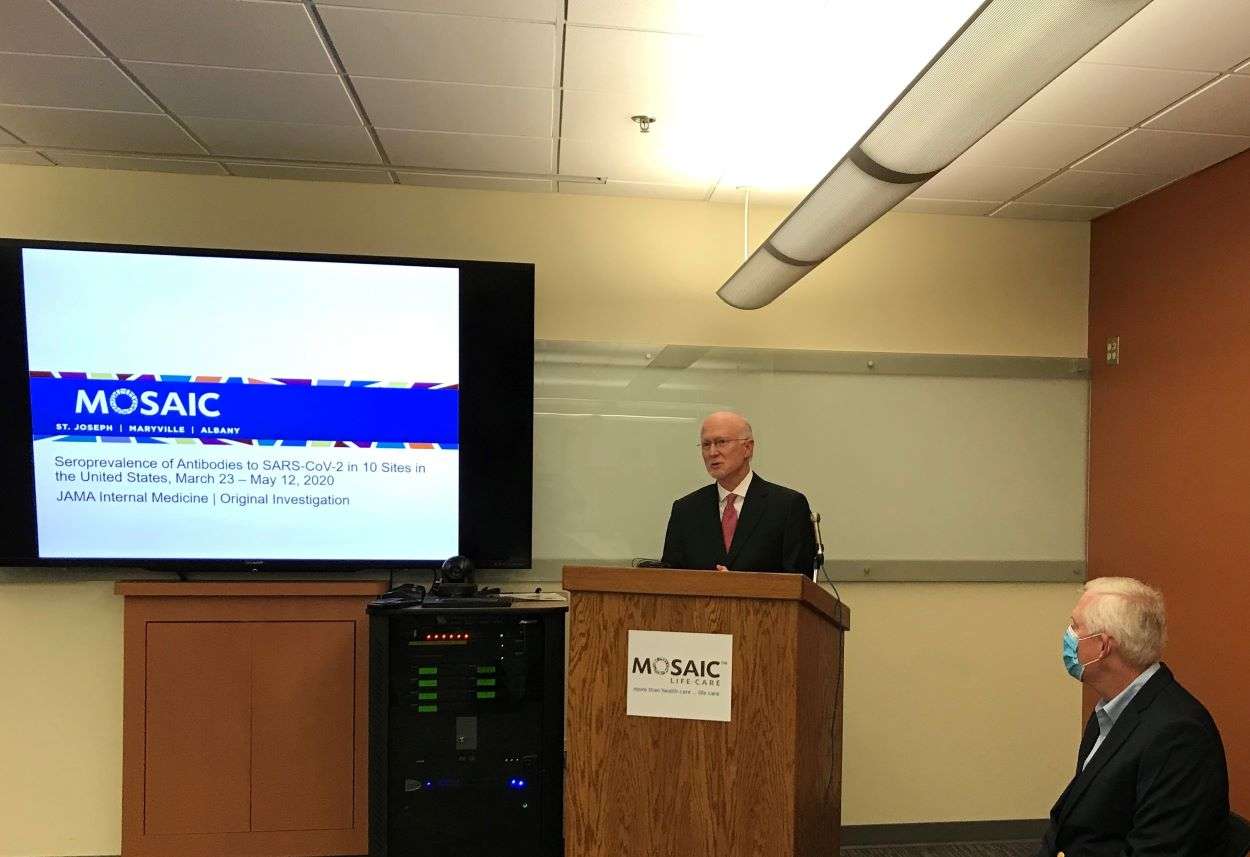 Mosaic Life Care CEO Dr. Mark Laney addresses a news conference as Buchanan County Presiding Commission Lee Sawyer looks on/Photo by Brent Martin