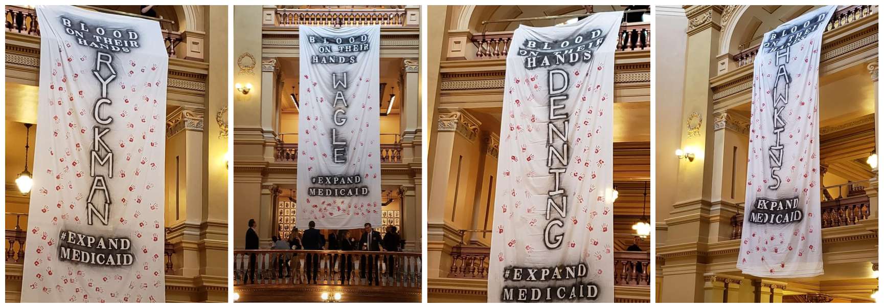 <b>Three Kansas State University students were detained by police and banned from the Statehouse in March 2019 after lowering banners in support of Medicaid expansion that targeted four GOP lawmakers. The American Civil Liberties Union of Kansas filed a lawsuit on their behalf. </b>Photo courtesy Sarah Oglesby-Dunegan