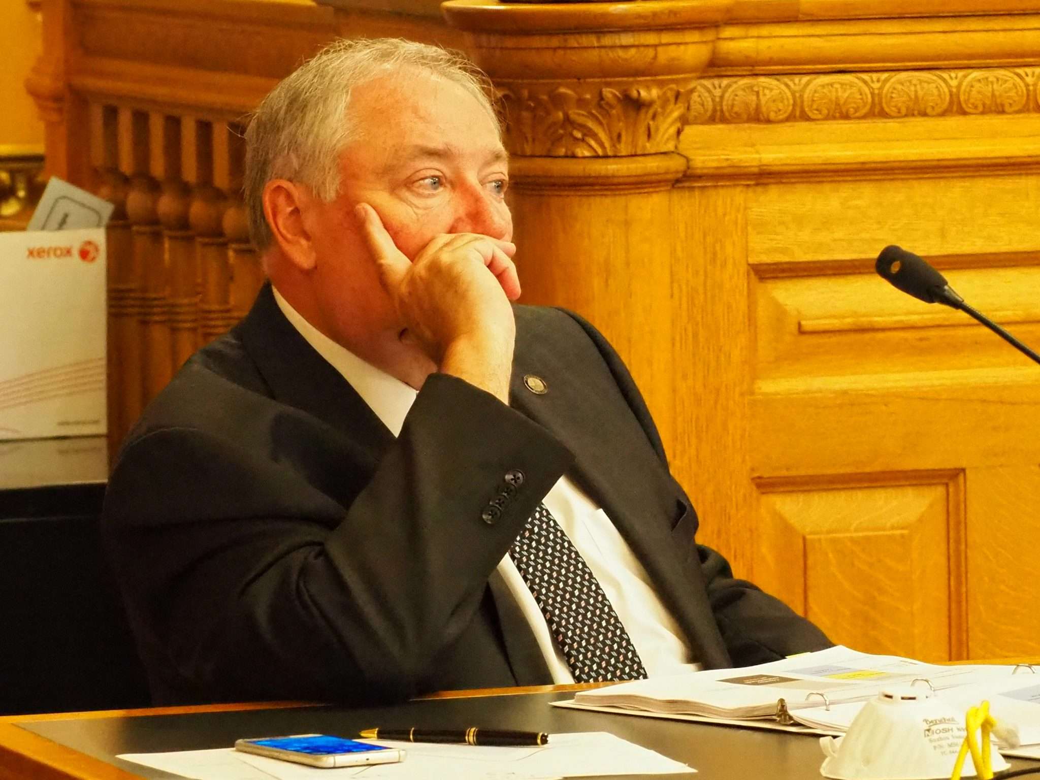 Senate Majority Leader Jim Denning, R-Overland Park, argued to approve $314 million in federal COVID-19 aid for education, business and health initiatives rather than postpone a decision as requested from other GOP legislators. (Sherman Smith/Kansas Reflector)