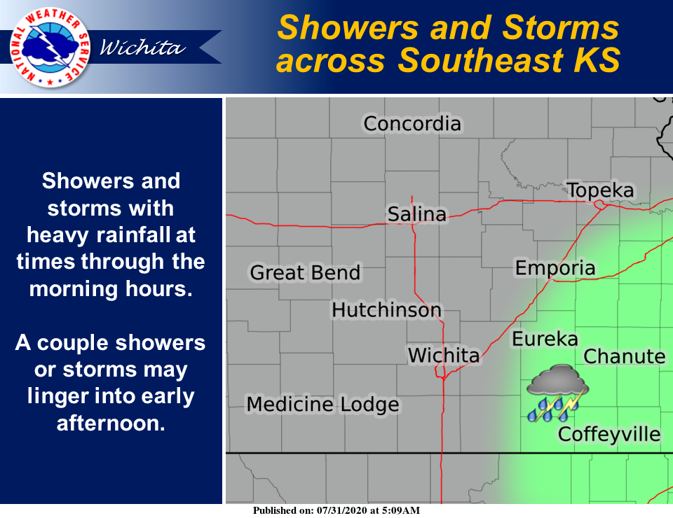 Showers and storms will continue across southeast KS this morning. A few isolated showers or storms may linger into early afternoon. Otherwise, expect highs in the low 80s today.