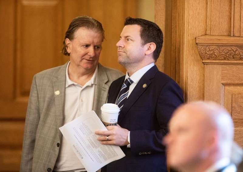 <b>Salina Rep. J.R. Claeys, right, defeated in Tuesday's Republican Party primary incumbent Sen. Randall Hardy by nearly 3,000 votes as part of a conservative surge against moderates. No Democrat filed in District 24. </b>Photo by Nick Krug courtesy Kansas Reflector