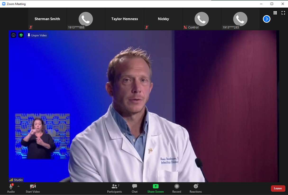 Dana Hawkinson, medical director of infection prevention and control at the University of Kansas Health System, answers questions during a virtual media briefing Friday. (Screenshot by Sherman Smith/Kansas Reflector)