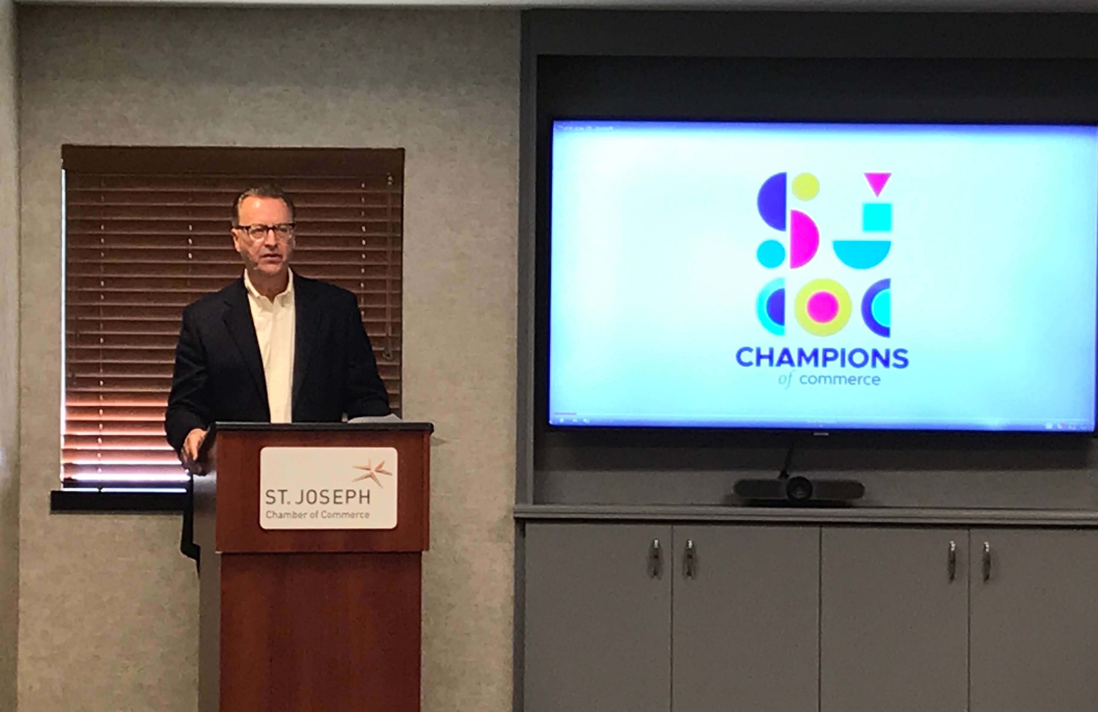 St. Joseph Chamber of Commerce President and CEO R. Patt Lilly speaks at the launch of the Champions of Commerce campaign on August 24, 2020. Photo by Sarah Thomack.