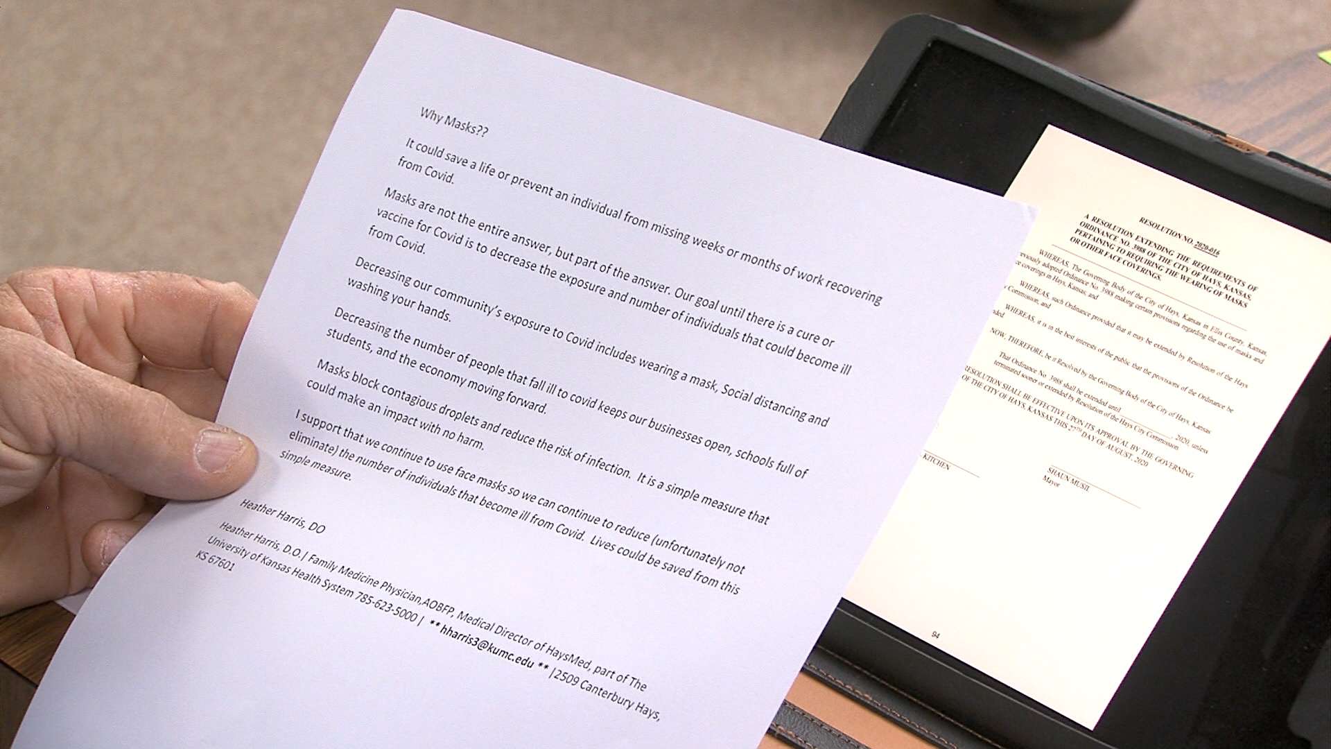 Heather Harris, D.O., medical director at HaysMed, expresses her support of extending the face mask ordinance in an email.
