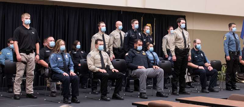 Several members of the 267th KLETC class were recognized for assisting a motorist who’s car had flipped. Those recognized, standing, from the left: Logan Higbee, Tanner Houck, Austin Sievert, Shawn Hyde, Tyler Stephenson, Blake Stromgren, Levi Chermak, and Chandler Ford.