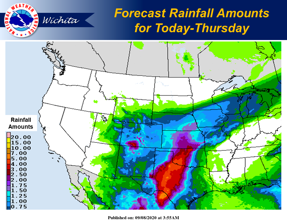 Forecast rainfall amounts for today through Thursday across the region, according to the National Weather Service in Wichita