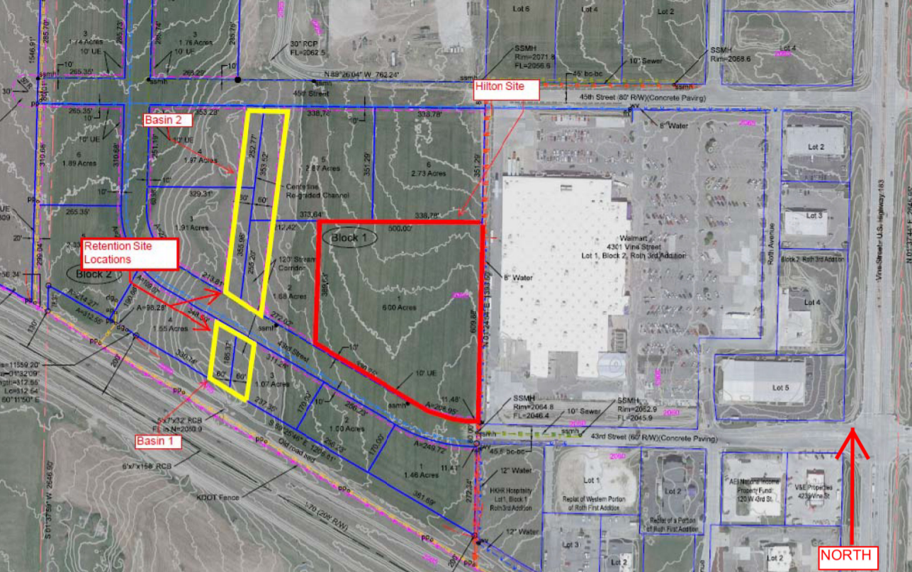 The drainage area can accommodate more capacity than required for the Hilton Garden Inn property and future Ottley development. The extra 170,000 cubic feet will be used by the city for extra stormwater retention and reduction of water flowing south into Lincoln Draw.