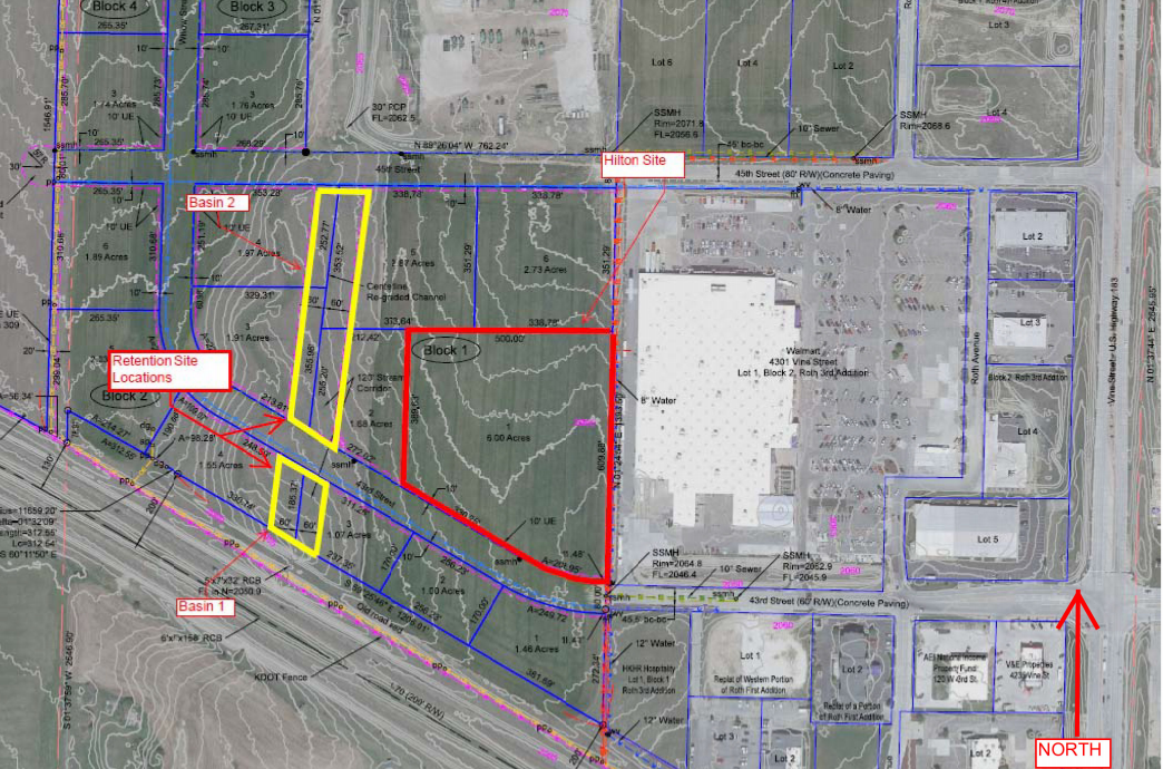 The drainage area can accommodate more capacity than required for the Hilton Garden Inn property and future Ottley development.&nbsp; The extra 170,000 cubic feet will be used by the city for extra stormwater retention and reduction of water flowing south into Lincoln Draw.