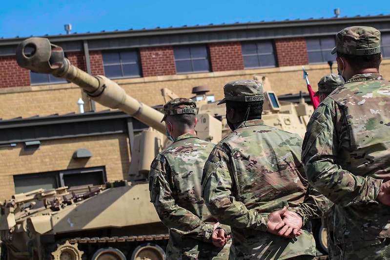 <b>Members of the&nbsp;Kansas National Guard's Battery C, 1st Battalion, 161st Field Artillery Regiment participate in the awards ceremony Saturday.</b>