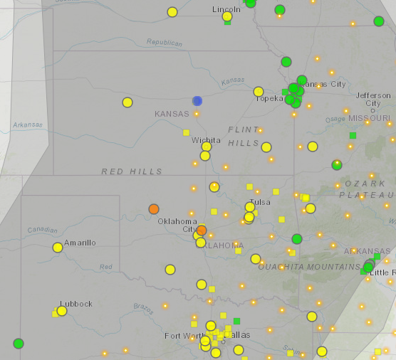 Map of smoke over Kansas. The gray areas indicate the smoke. The dots indicate sensors. (The blue dot is a locator dot.) Map courtesy <a href="https://fire.airnow.gov/">airnow.gov</a>