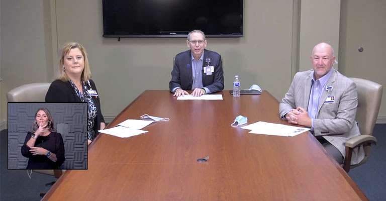 From left: Dr. Heather Harris, HaysMed medical director; Dr. Steve Stites, KU Med's medical director; and&nbsp;Eddie Herrman, HaysMed CEO, participate in the University of Kansas Health System daily news briefing Wednesday.