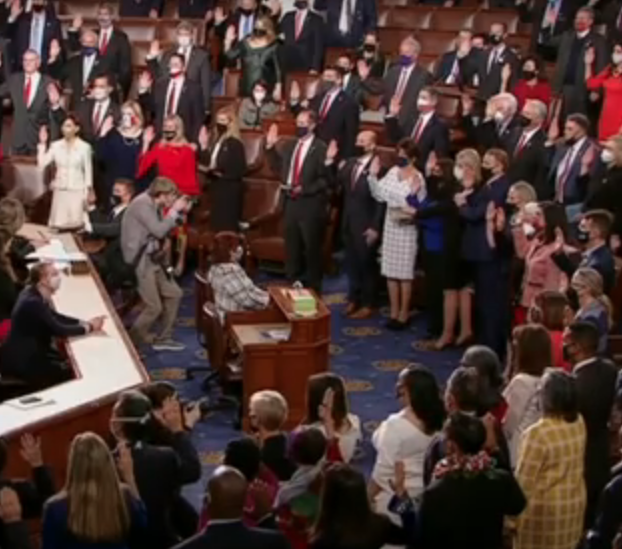 House Speaker Nancy Pelosi swore in the freshman members of the 117th Congress late Sunday afternoon including First District Rep. Tracey Mann(front row, left center with the red tie)-image courtesy CSPAN