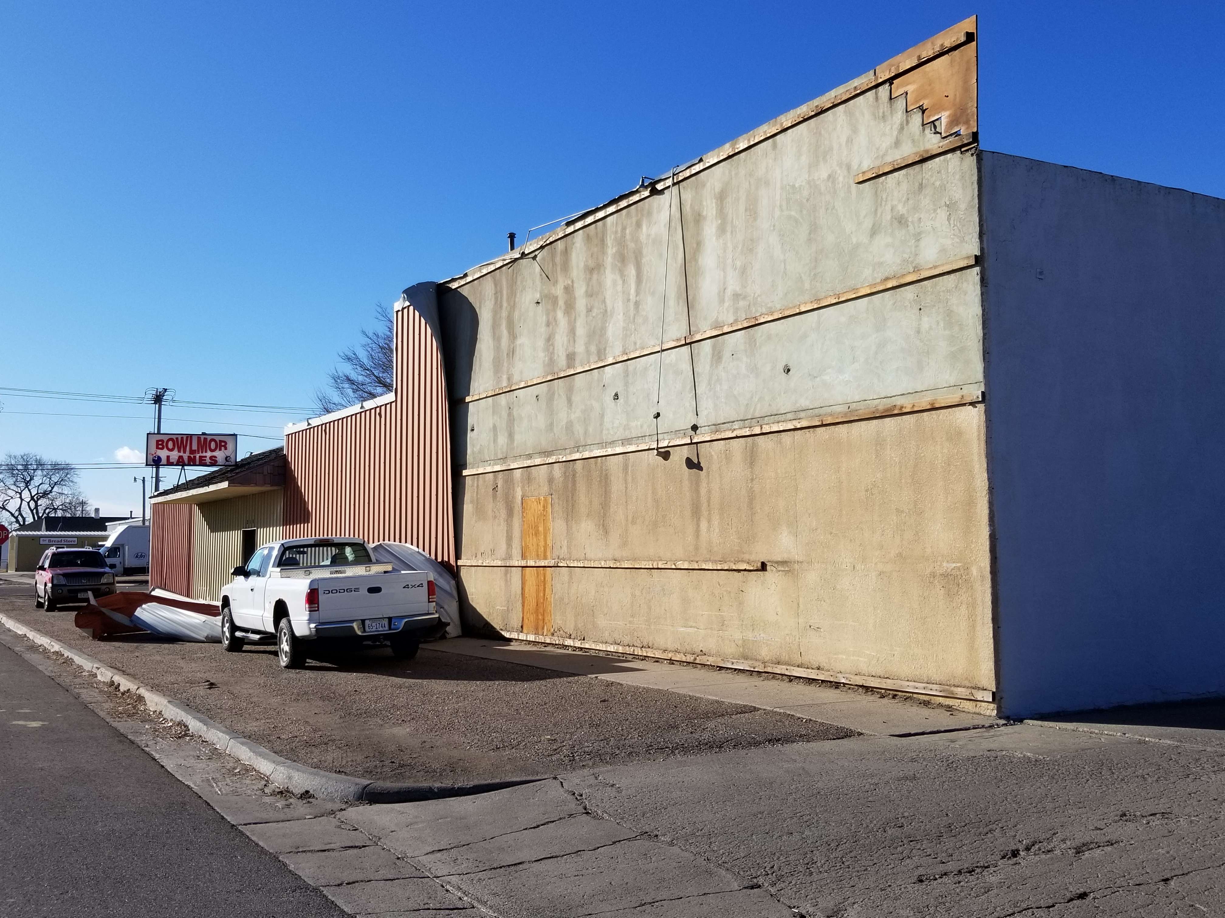 Bowlmor Lanes siding stripped by forceful winds.&nbsp;