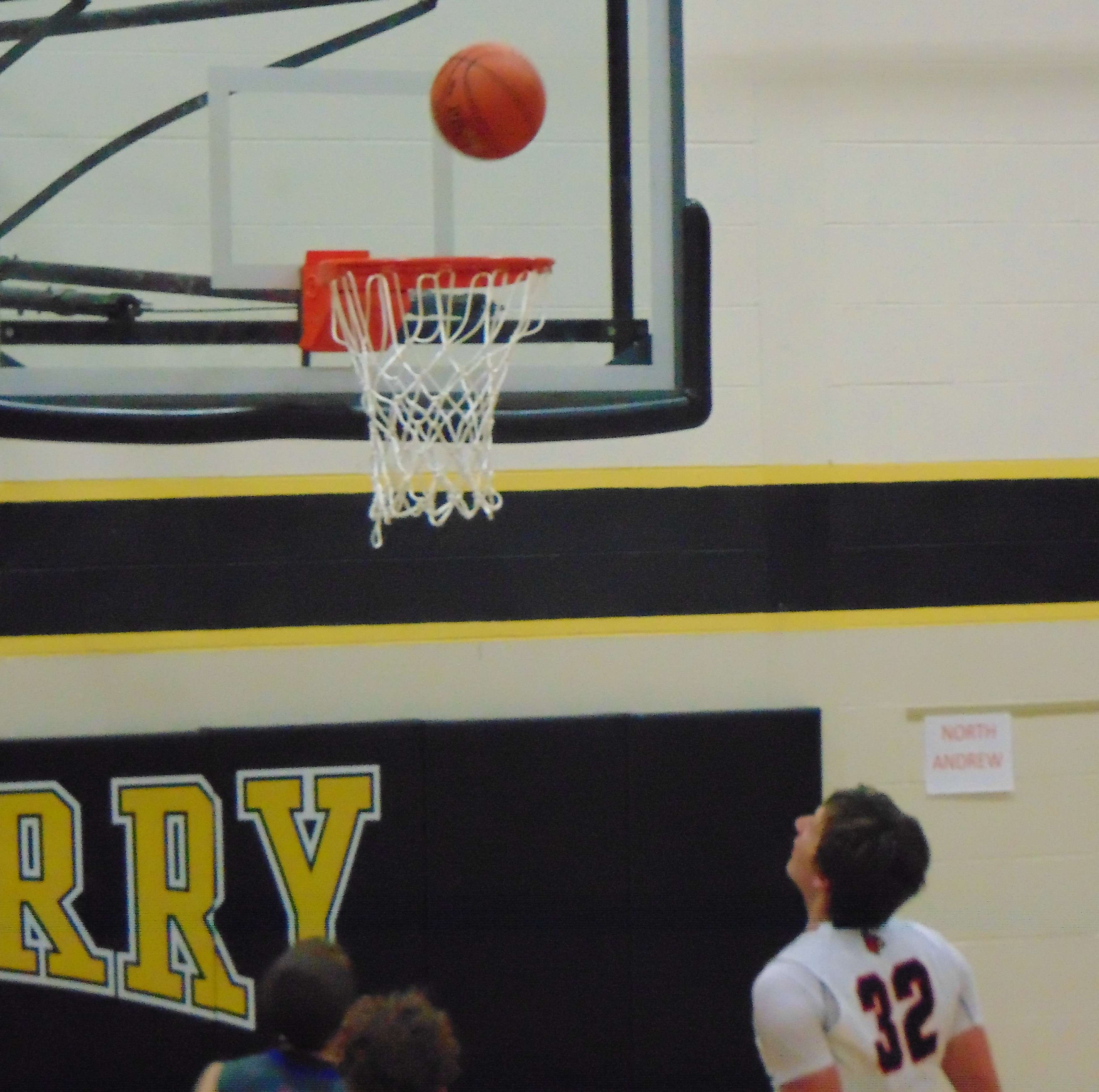North Andrew's Owen Graham watches a shot go up during the Cardinals' 64-34 win against Platte Valley Thursday night in Stanberry. Photo by Tommy Rezac.