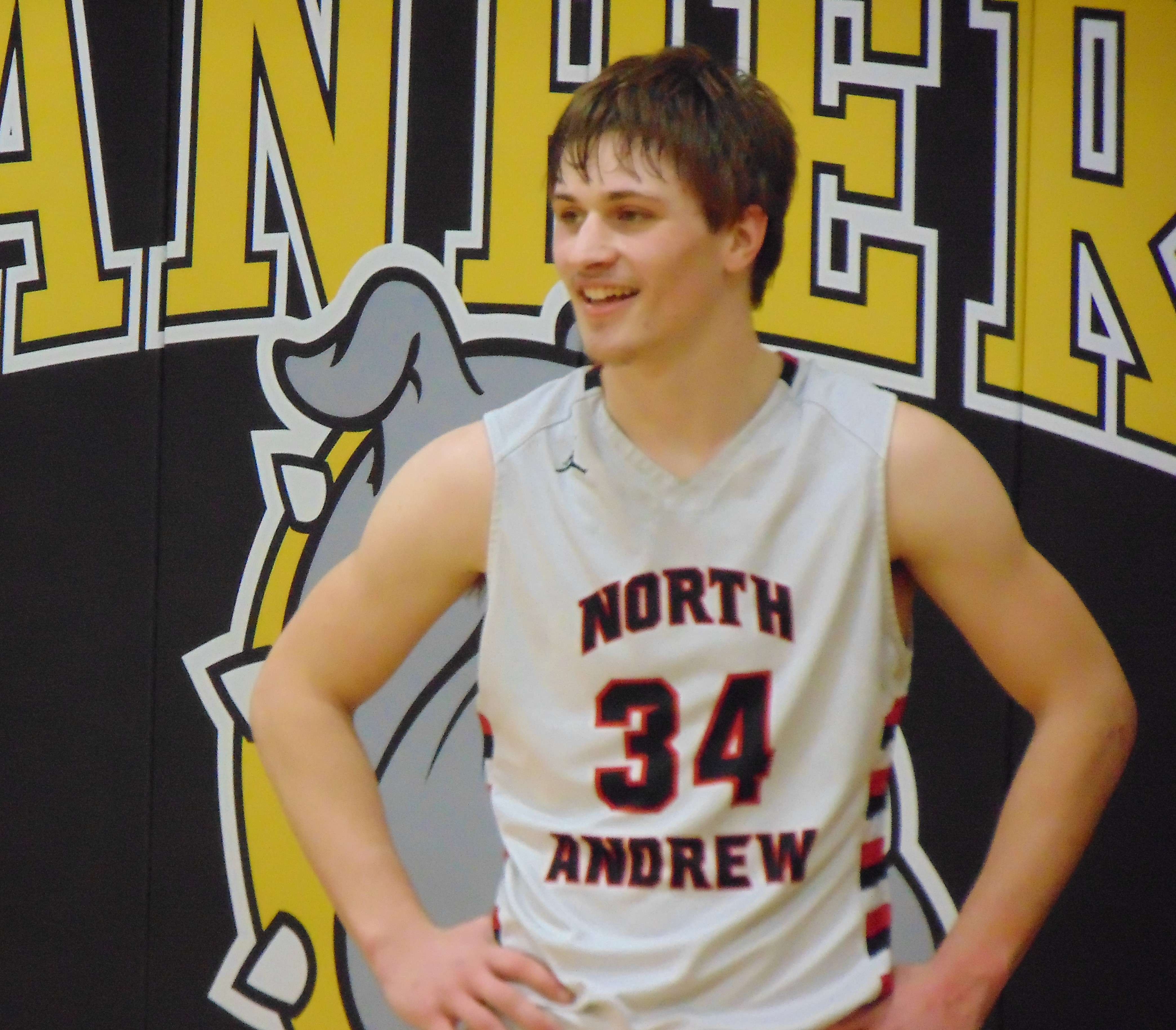 Clayton Linville was all smiles in the second half as North Andrew beat Platte Valley 64-34 in a Stanberry Invitational semifinal Thursday. Photo by Tommy Rezac.