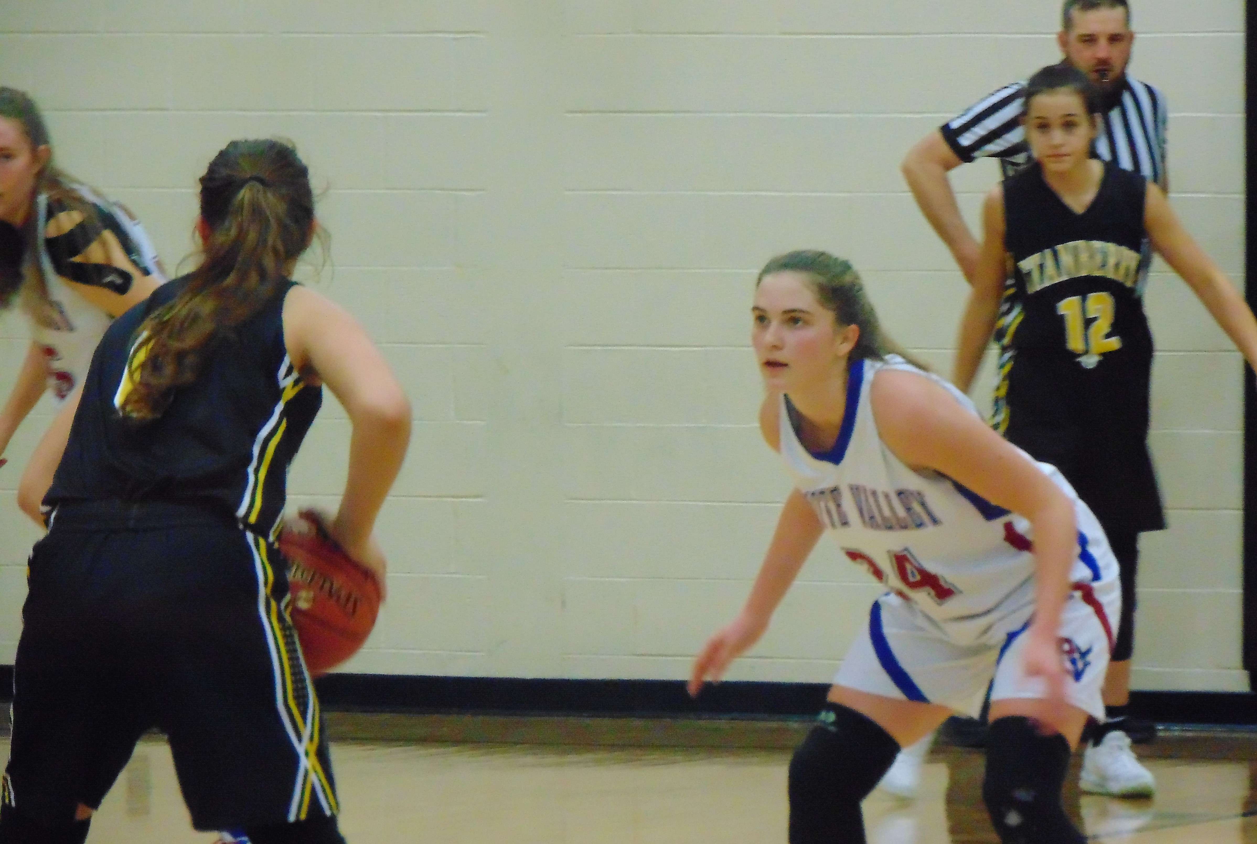 Stephanie Turpin goes on defense in the second half of Platte Valley's 50-39 win over Stanberry in the Stanberry Invitational championship on Saturday. Photo by Tommy Rezac.