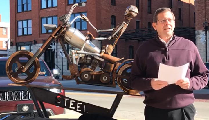 <b>Salina City Commissioner and SculptureTour Salina Chair Mike Hoppock announces that 'For the Love of Steel' is the 2020 Peoples Choice Award. </b>Photo courtesy SculptureTour Salina video