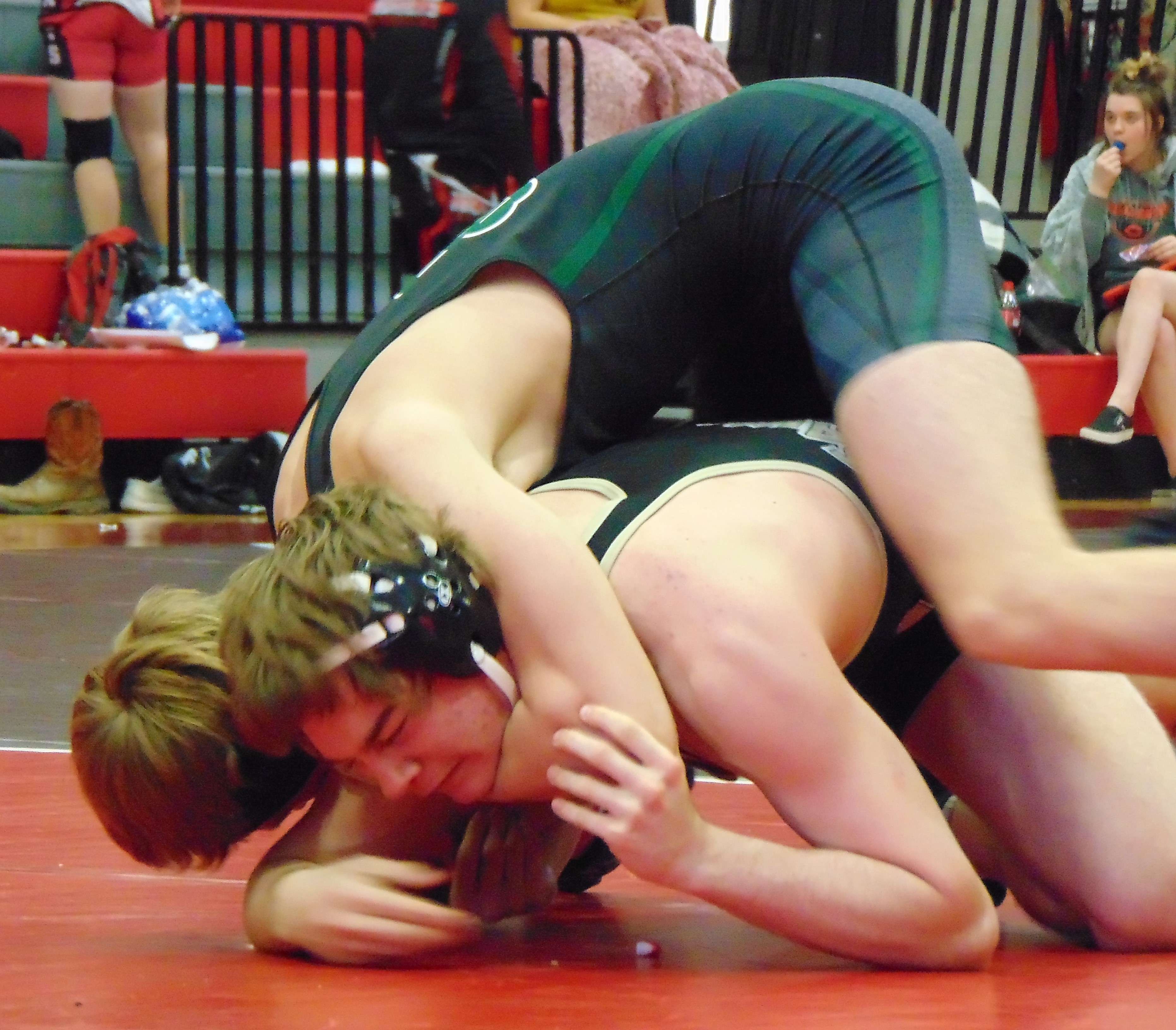 Lafayette sophomore Benjamin Kneib pinned Savannah sophomore Jacob Lorraine in round three of Saturday's MEC tournament. Lorraine still placed second for the Savages. Photo by Tommy Rezac.