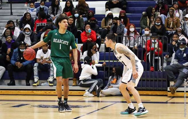 St. Joseph native Diego Bernard brings the ball up the court in Northwest Missouri State's win at Lincoln Thursday. Photo courtesy of BearcatSports.com.