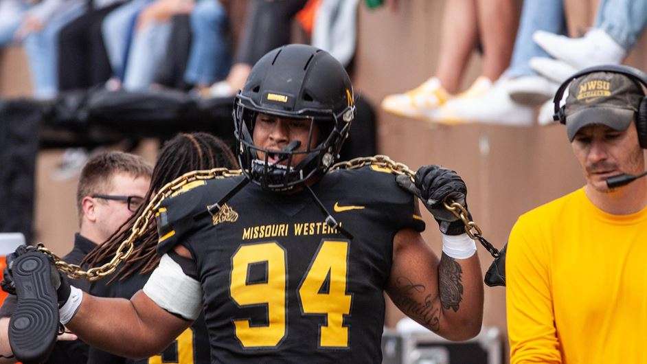 MWSU's Brandon Johnson celebrates after a 56-yard fumble return for a touchdown in the Griffons' 30-7 loss to Northwest Missouri State Saturday. Courtesy photo by Arianne Boma.