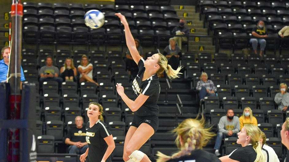 Allie Kerns (middle) hits a ball during Missouri Western's 3-0 win over Missouri Southern Tuesday. Courtesy photo.