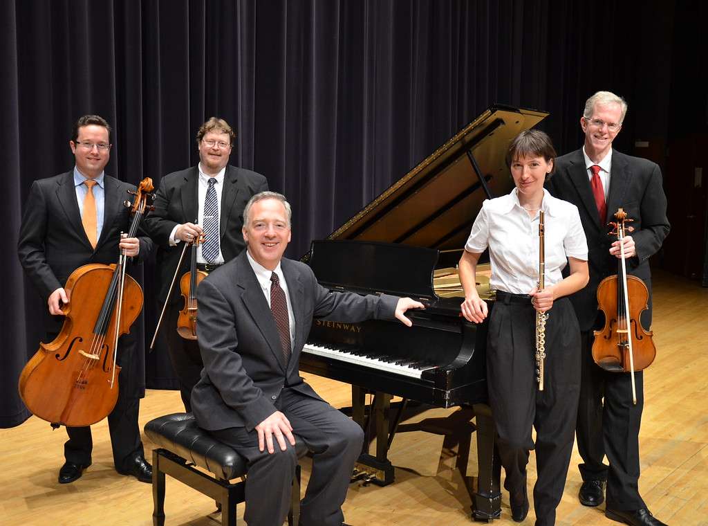 The Trans Nebraska Players quintet, formed in 2009, will perform in the Sandoz Center Chicoine Atrium Oct. 31, 2021, at 3 p.m. From left, Dr. Noah Rogoff, Dr. David Neely, Dr. James Margetts, Dr. Franziska Brech, and Dr. Clark Potter. (Courtesy photo used with permission)