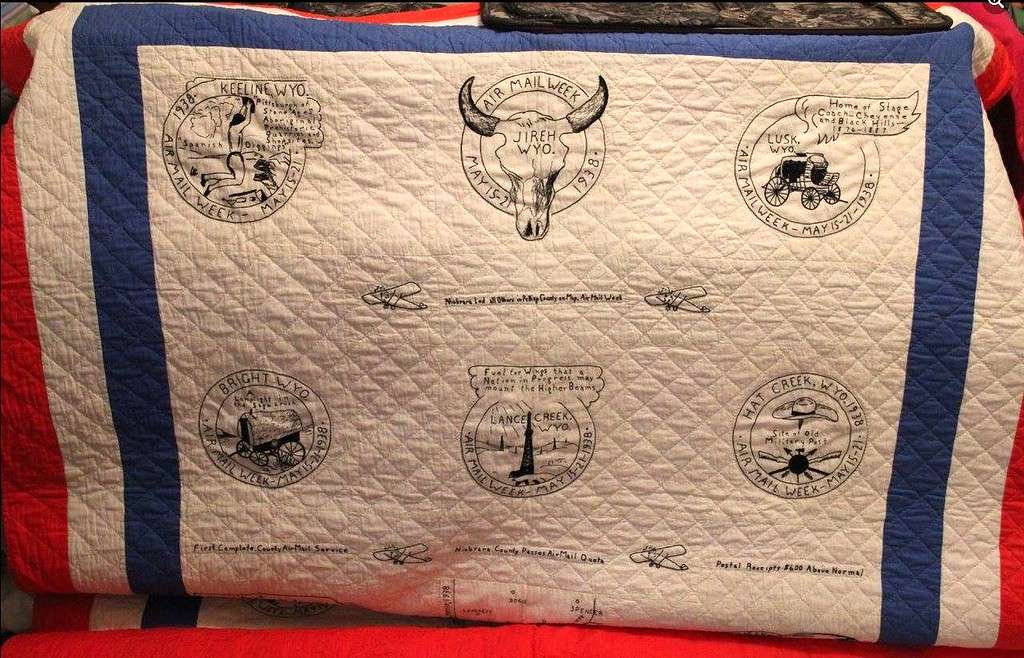 Chadron State College's Graves Lecture Series Oct. 26 at 7 p.m. in the Sandoz Center will feature a panel consisting of Tena Cook, College Relations Marketing Coordinator, Dr. Kim Madsen, Family and Consumer Sciences Professor, and Dr. Dave Nesheim, Social Sciences Associate Professor. During a “A Stitch in Time: 1938 Air Mail Quilt” the three will discuss various aspects of Cook’s grandmother's 1938 quilt designed, sewed, and embroidered to commemorate National Air Mail Week. (Courtesy photo)