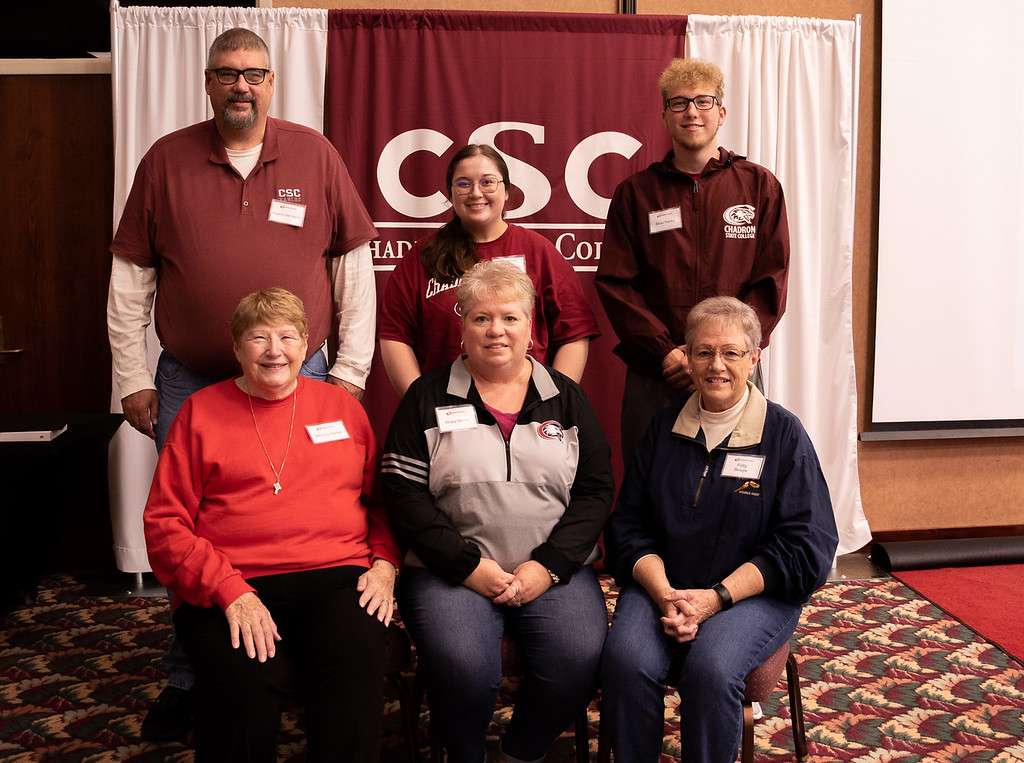The Hanks Family is recognized with the Family Tree Award during Chadron State Homecoming Oct. 9, 2021, in the Student Center. From left, back row, Gene "Mo" Hanks, Jessica Hanks, Beau Hanks. Front row, from left, Beverly Hiles Hanks, Kristy Beagle Hanks and Patty Beagle. (Photo by Tena L. Cook/Chadron State College)
