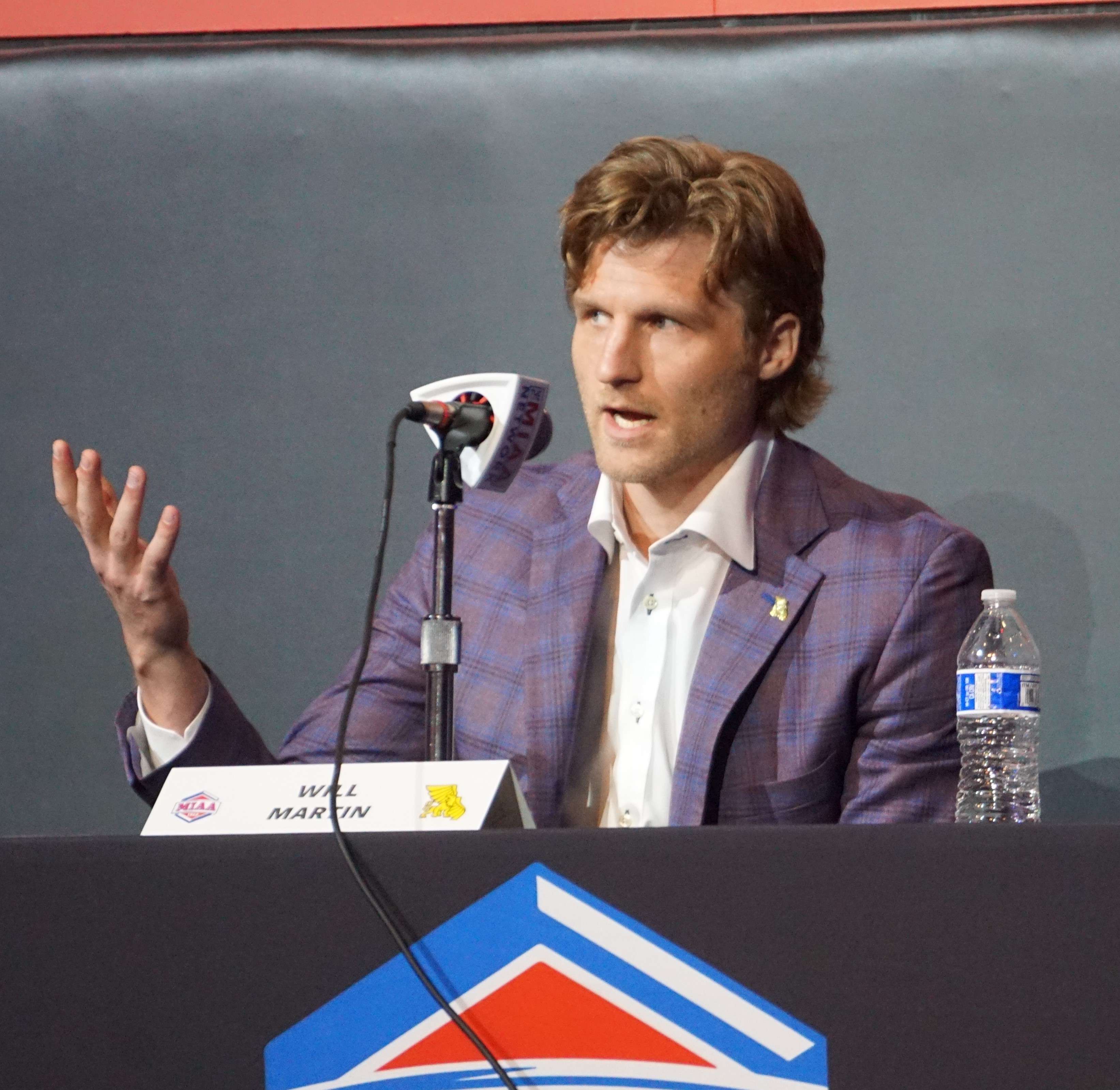 Missouri Western men's basketball coach Will Martin speaks at MIAA Media Day in Kansas City on Tuesday. Photo by Tommy Rezac.