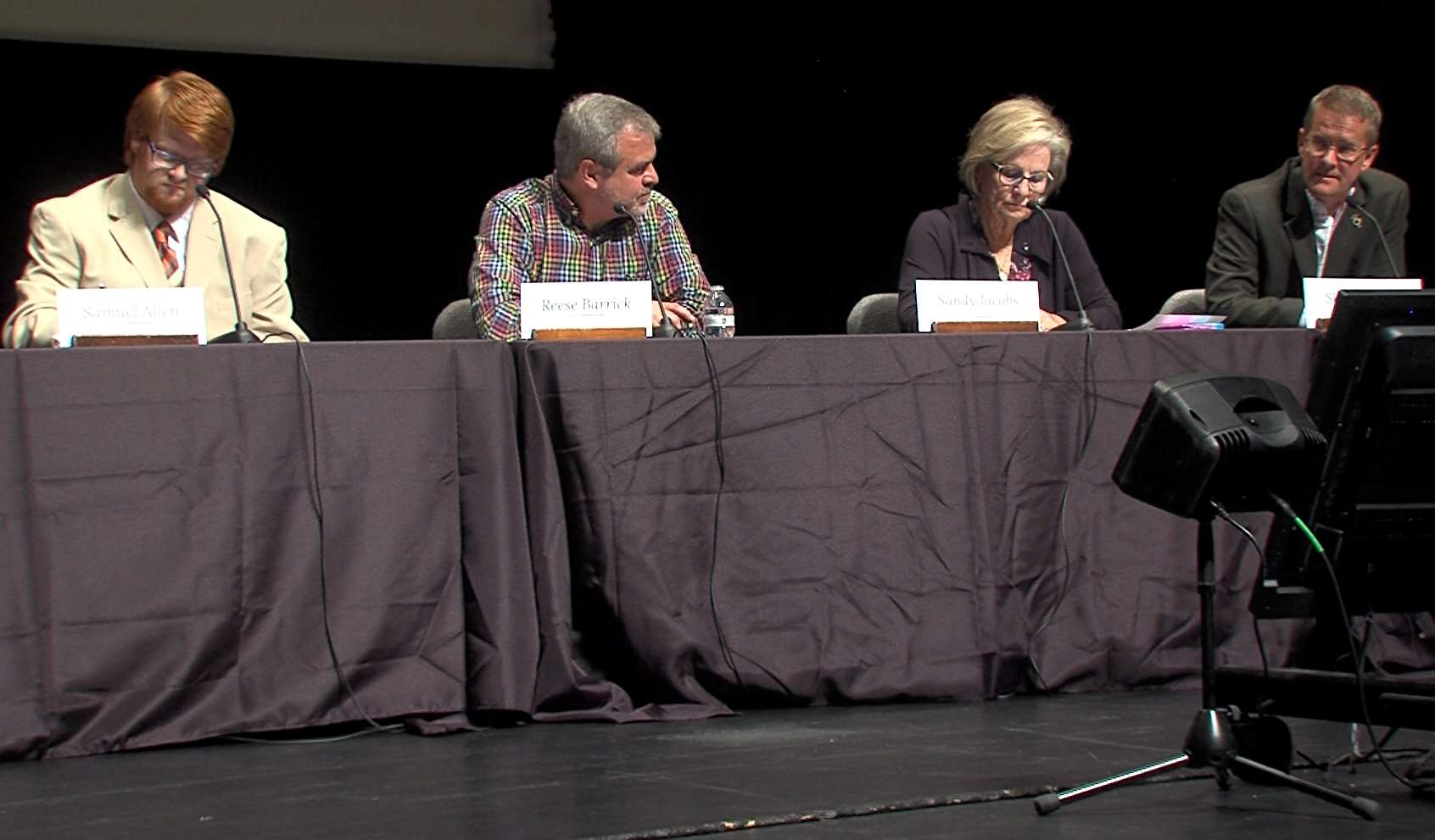 Sam Allen, Dr. Reese Barrick , Sandy Jacobs and Shaun Musil&nbsp; answer questions at the city commission candidate forum.&nbsp;(Becky Kiser/Hays Post)