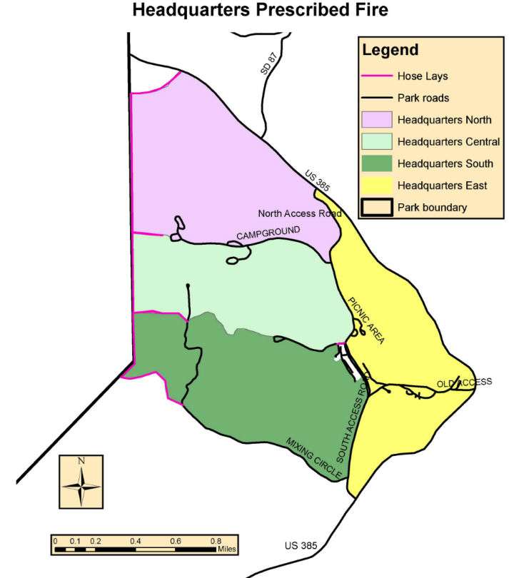 Map of proposed burn area segmented into 4 blocks of different colors. Highway 385 borders the burn on the east while the park’s boundary borders the burn on the west side. NPS graphic