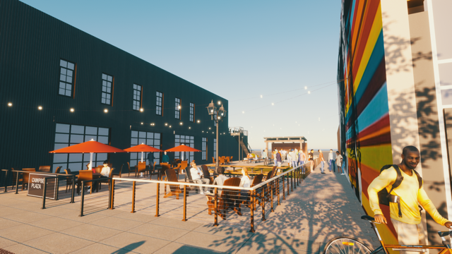 <b>A view of the Campbell Plaza area to be used by the Prickly Pear Grill &amp; Cantina. An eight-foot walkway along the south side will provide pedestrian access between S. Santa Fe Avenue and S. Fifth Street.&nbsp;</b>Rendering provided by&nbsp;Wheat State Hospitality, Inc.&nbsp;&nbsp;