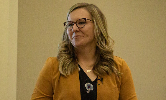 Dr. Brittany Helmbrecht, Assistant Professor of Health Physical Education and Recreation, speaks about her dissertation research about first generation students and stress during the first Graves Lecture of the Fall semester Oct. 12, 2021, in the Sandoz Center. (Photo by Tena L. Cook/Chadron State College)