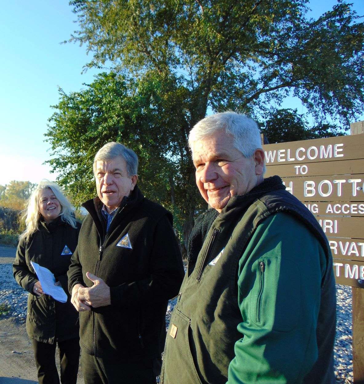 U.S. Sen. Roy Blunt addresses a St. Joseph news conference along side the Missouri River. Missouri Conservation Dept. Director Sara Parker Pauley is to Blunt's right and Missouri Conservation Commission chair Barry Orschlen is to his left./Photo by Brent Martin