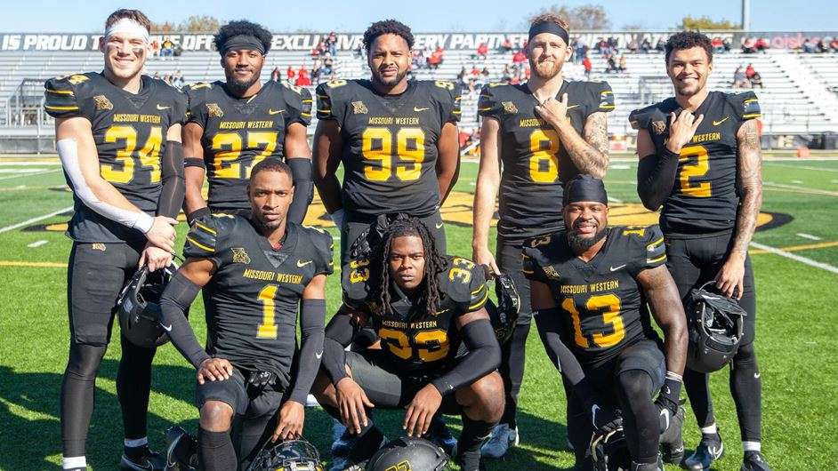 Missouri Western football's 2021 senior class. Back row, from left to right, Evan Chohon, Sam Webb, Chris Blakeney, Jack Rasmussen, Kyle Berry. Front row from left to right, Devan Burrell, Terrance March and Travon Harris. Photo courtesy of Arianne Boma.