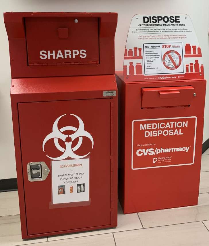 <b>Collection bins for sharps and drugs in the lobby of the Saline County Sheriff's Office.</b> Salina Post file photo