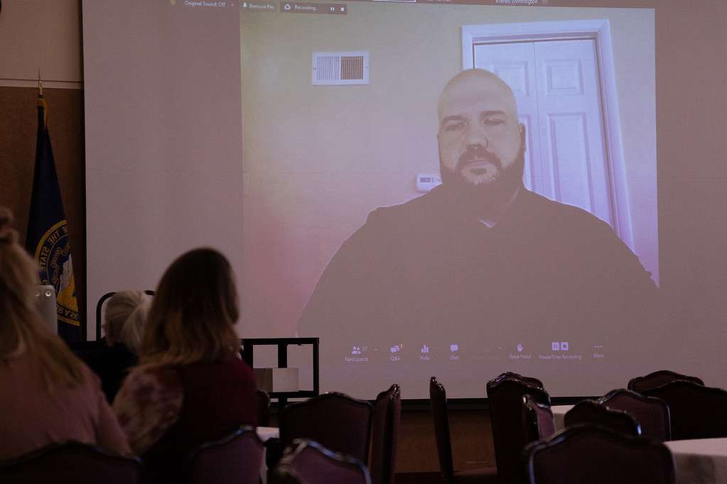 Tanner Sherlock, a Chadron State College alumnus and Director of Chi Alpha at CSC speaks during the Social Work 435 class conference on Forgiveness Nov. 3, 2021, broadcast in the Student Center. (Photo by Tena L. Cook/Chadron State College)