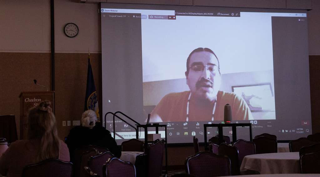 Edison Red Nest III, executive director of Native Futures in Alliance, Neb., speaks during the Social Work 435 class conference on Forgiveness Nov. 3, 2021, broadcast in the Student Center. (Photo by Tena L. Cook/Chadron State College)