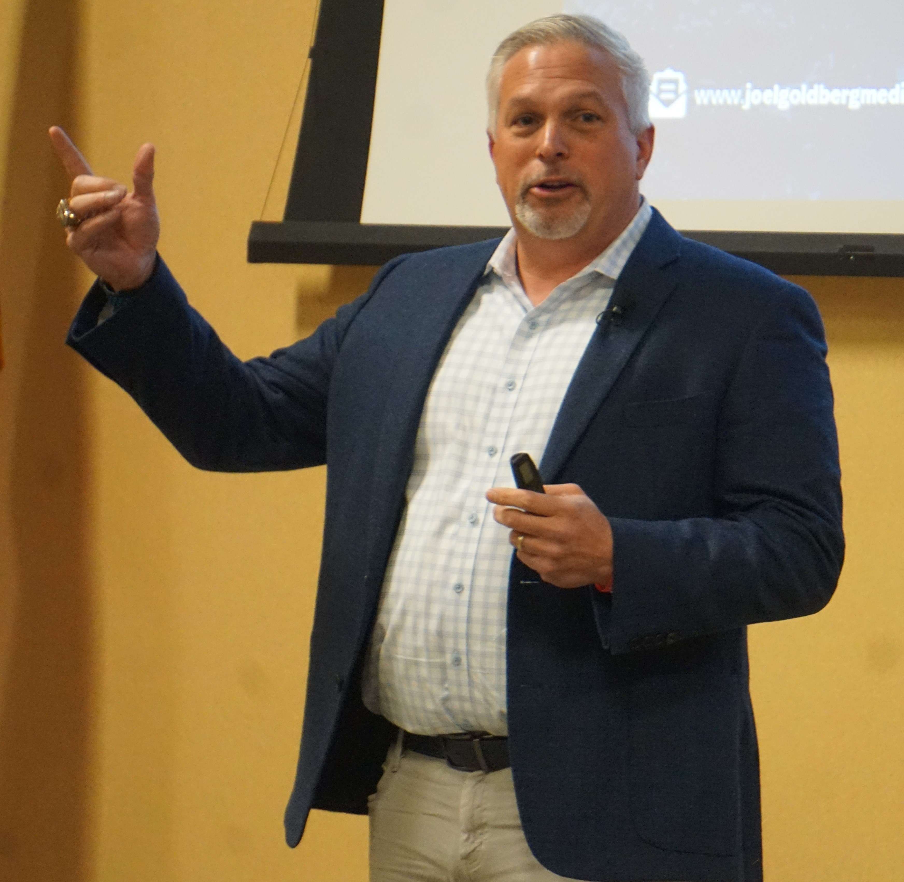 Kansas City Royals TV broadcaster Joel Goldberg speaks to an audience at the St. Joseph Chamber of Commerce Small Business Summit at the Fulkerson Center on the campus of Missouri Western State University. Photo by Tommy Rezac.