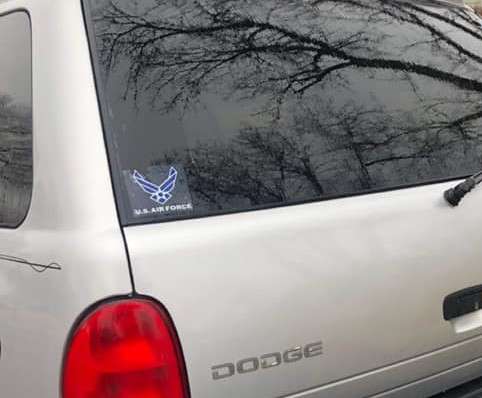 The United States Air Force decal on the back window of the Durango.