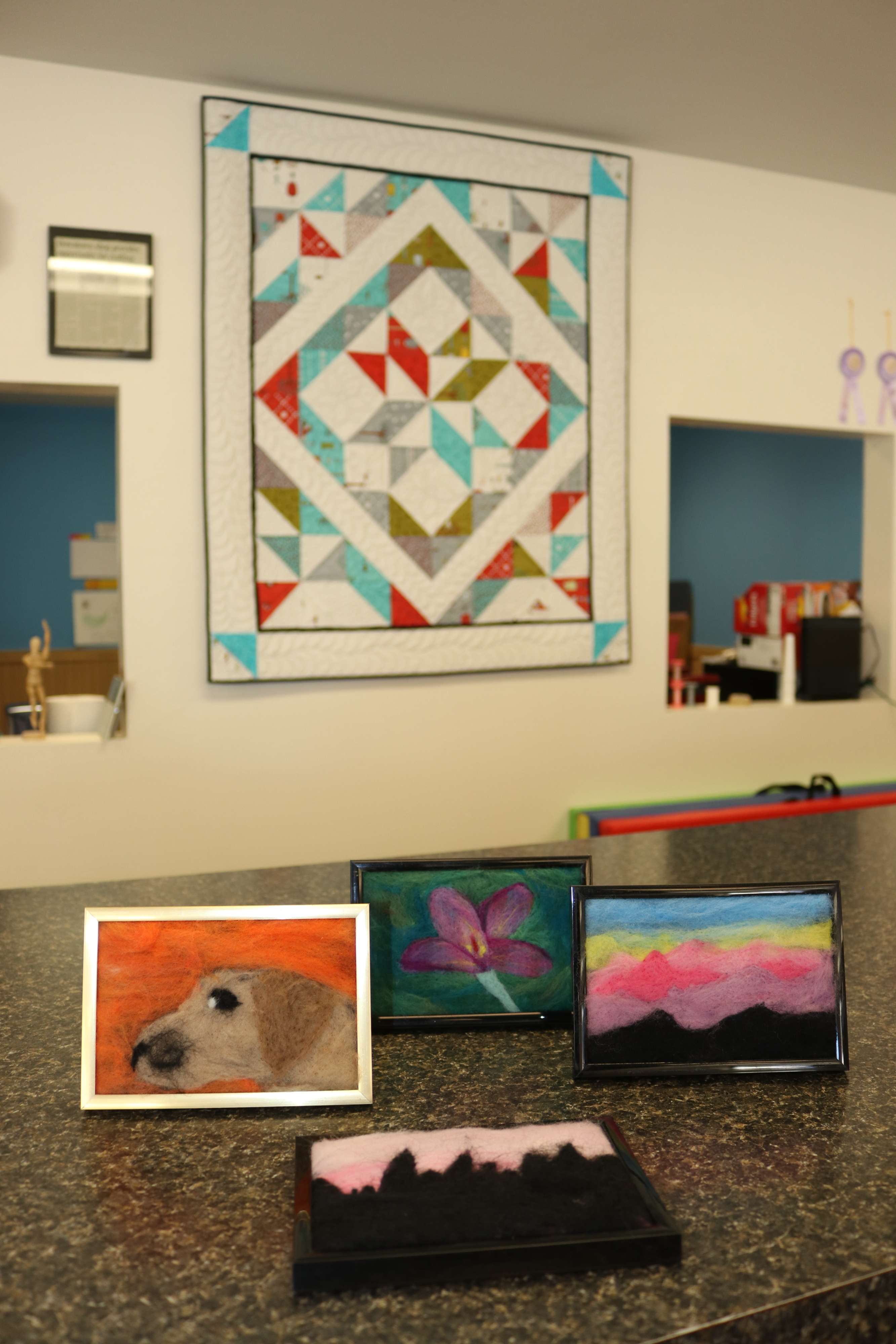 A quilt and some of the painting with wool projects that Lara Madison and her family have completed are on display at Madison Quilting and Yarns. 